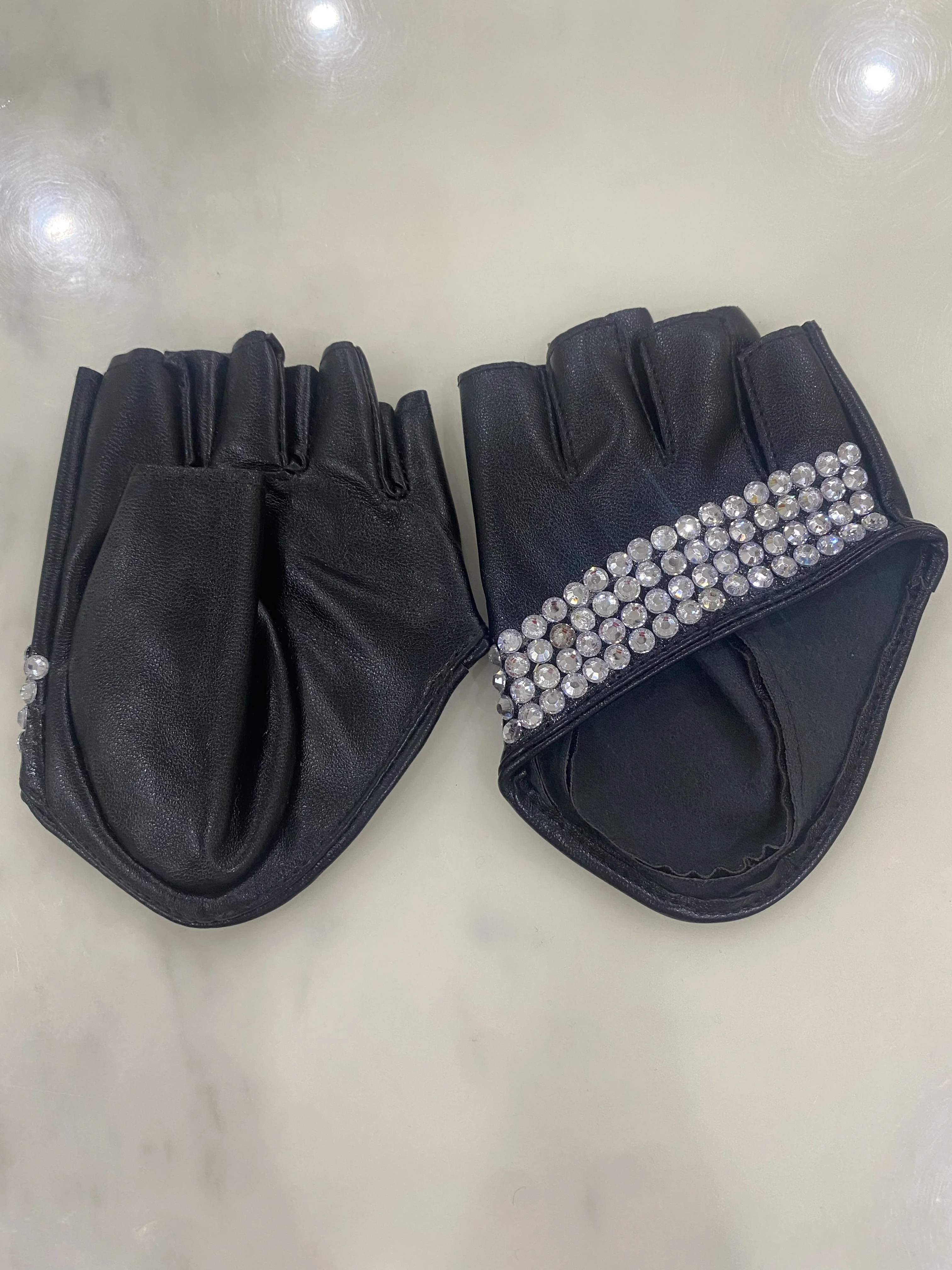 Women's Fashion Half Palm Semi- finger PU Leather Rhinestone Gloves Men's Fingerless Hip-hop Personality Diy Gloves