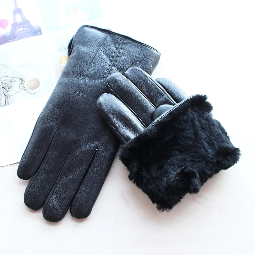 Men's Winter Thick Warm Leather Gloves Enlarged Sheepskin Fur Lined Windproof Cold Resistant Outdoor Motorcycle Riding Gloves