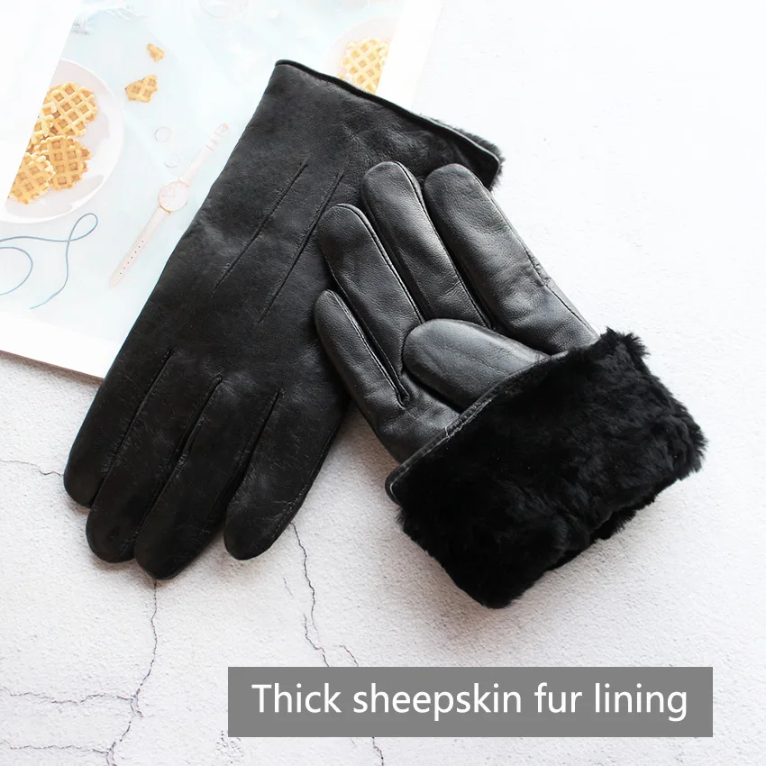 Men's Winter Thick Warm Leather Gloves Enlarged Sheepskin Fur Lined Windproof Cold Resistant Outdoor Motorcycle Riding Gloves