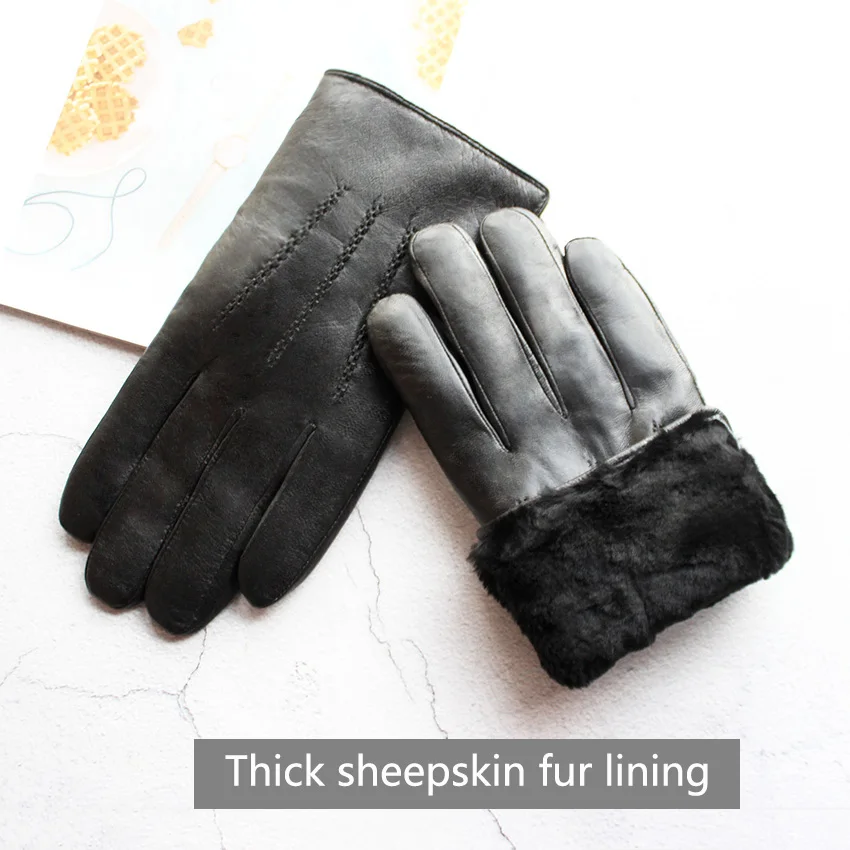 Men's Winter Thick Warm Leather Gloves Enlarged Sheepskin Fur Lined Windproof Cold Resistant Outdoor Motorcycle Riding Gloves