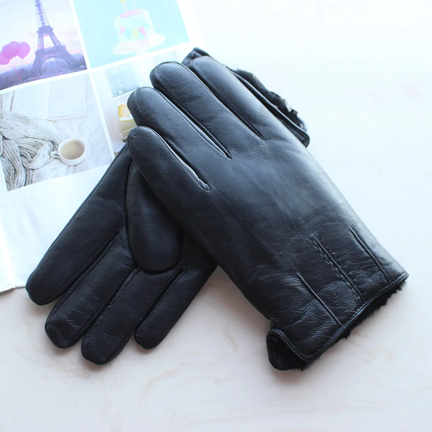 Men's Winter Thick Warm Leather Gloves Enlarged Sheepskin Fur Lined Windproof Cold Resistant Outdoor Motorcycle Riding Gloves