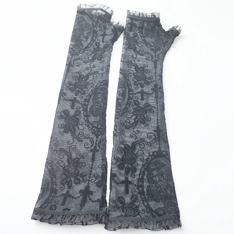 Women Rose Print Mesh Sexy Lolita Black Transparent Long Fingerless Gloves Cosplay Performance Drive Sunscreen Sleeve Cover