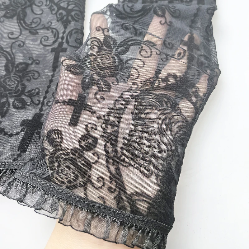 Women Rose Print Mesh Sexy Lolita Black Transparent Long Fingerless Gloves Cosplay Performance Drive Sunscreen Sleeve Cover
