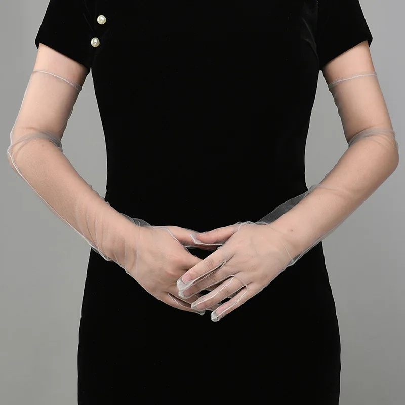 New Sexy Gloves Transparent Women Sheer Tulle Thin Mesh Wedding Driving Club Party Prom Dancing Dress Etiquette Long Glove