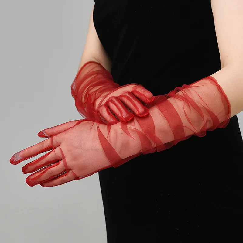 New Sexy Gloves Transparent Women Sheer Tulle Thin Mesh Wedding Driving Club Party Prom Dancing Dress Etiquette Long Glove