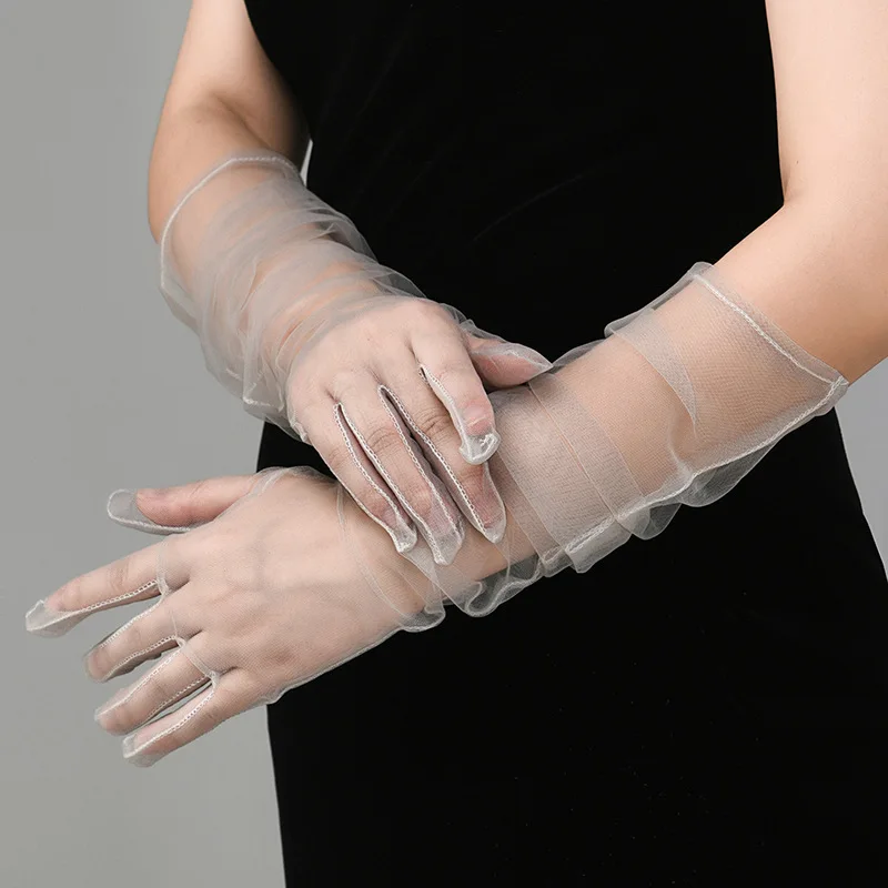 New Sexy Gloves Transparent Women Sheer Tulle Thin Mesh Wedding Driving Club Party Prom Dancing Dress Etiquette Long Glove