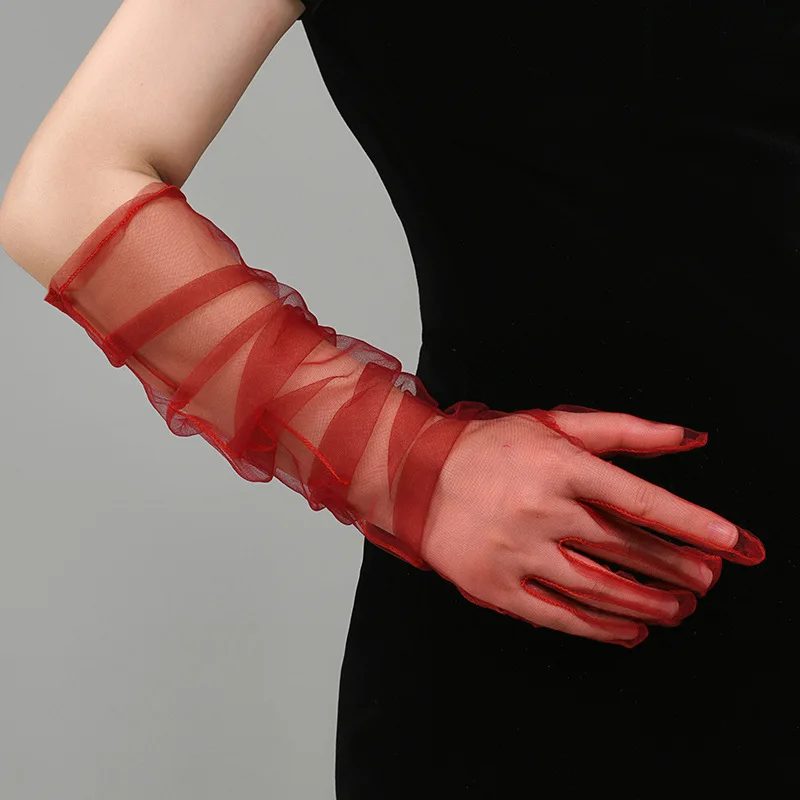 New Sexy Gloves Transparent Women Sheer Tulle Thin Mesh Wedding Driving Club Party Prom Dancing Dress Etiquette Long Glove
