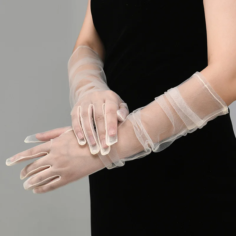 New Sexy Gloves Transparent Women Sheer Tulle Thin Mesh Wedding Driving Club Party Prom Dancing Dress Etiquette Long Glove