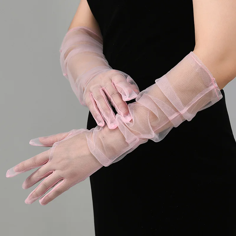 New Sexy Gloves Transparent Women Sheer Tulle Thin Mesh Wedding Driving Club Party Prom Dancing Dress Etiquette Long Glove