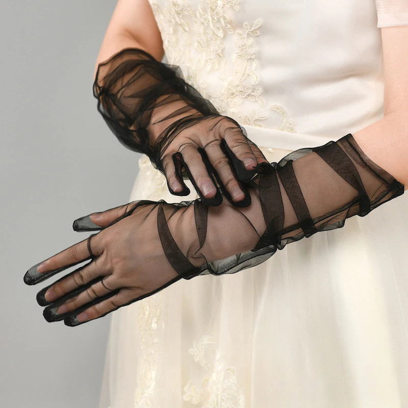 New Sexy Gloves Transparent Women Sheer Tulle Thin Mesh Wedding Driving Club Party Prom Dancing Dress Etiquette Long Glove