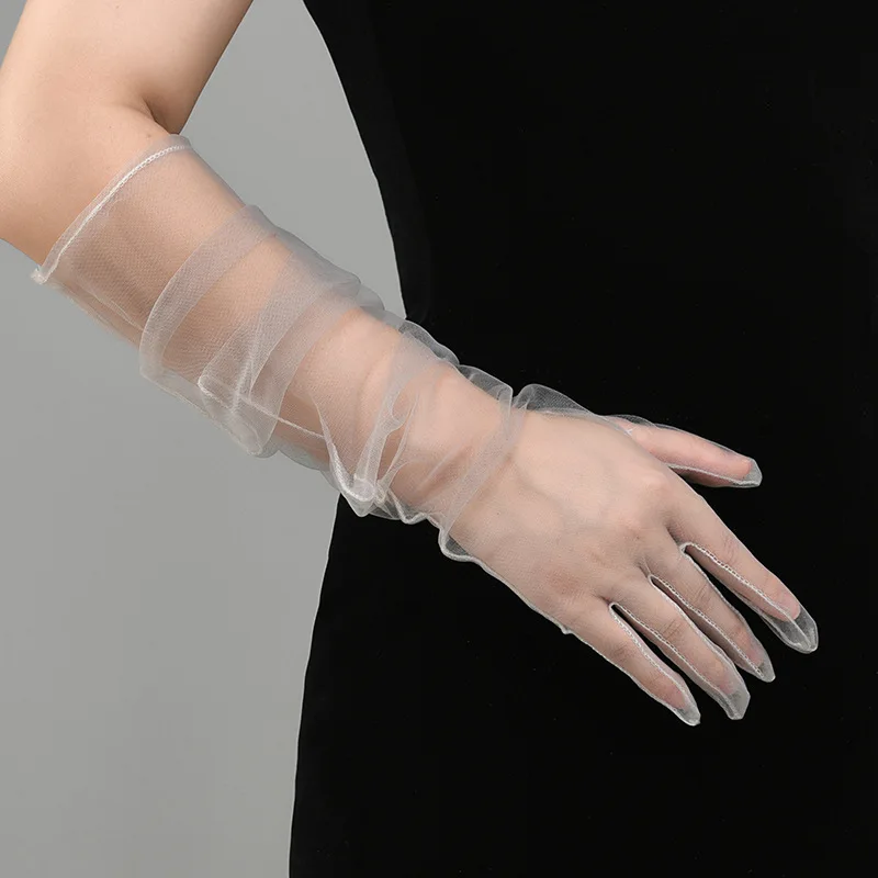 New Sexy Gloves Transparent Women Sheer Tulle Thin Mesh Wedding Driving Club Party Prom Dancing Dress Etiquette Long Glove