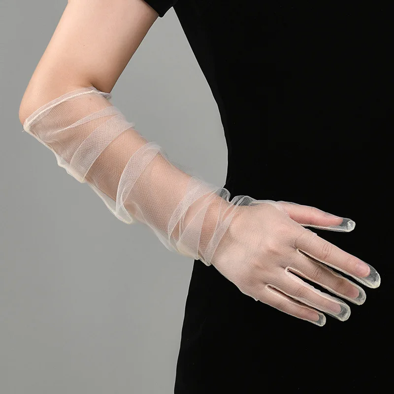 New Sexy Gloves Transparent Women Sheer Tulle Thin Mesh Wedding Driving Club Party Prom Dancing Dress Etiquette Long Glove