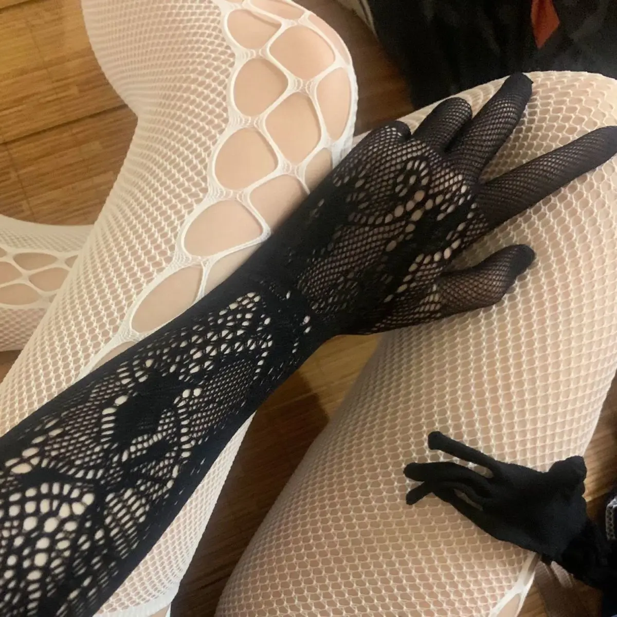 Women Sexy Hollow Out Fishing Net JK Lolita Style Lace Floral High Elasticity Long Gloves Party Stage Performance Cosplay