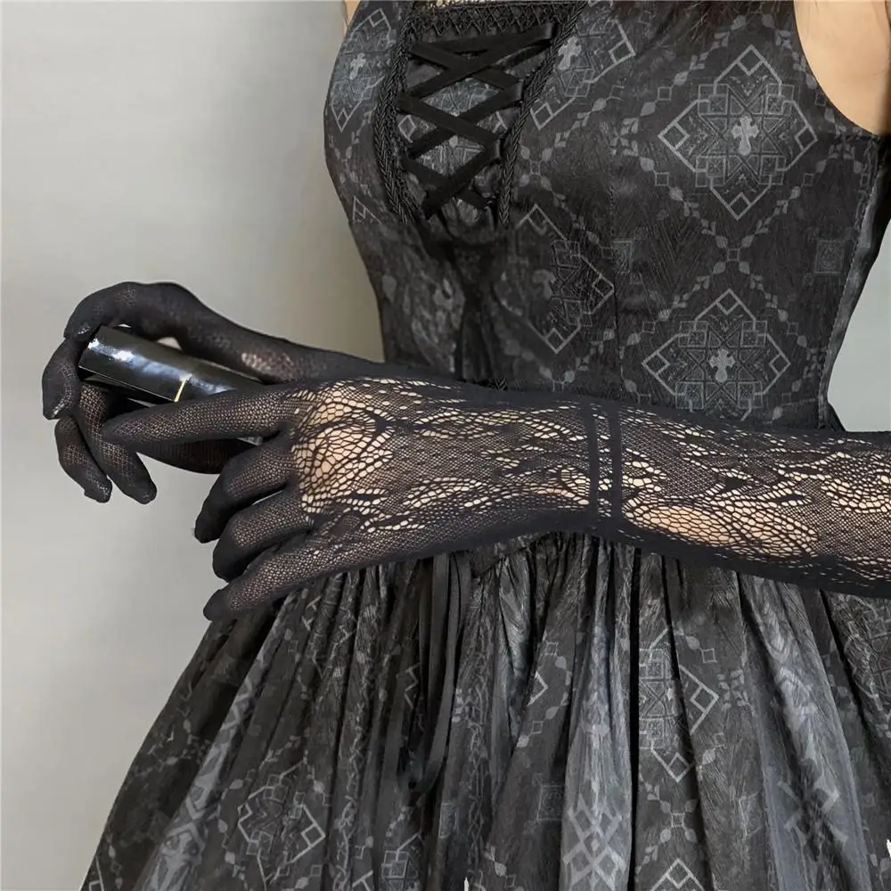 Women Sexy Hollow Out Fishing Net JK Lolita Style Lace Floral High Elasticity Long Gloves Party Stage Performance Cosplay