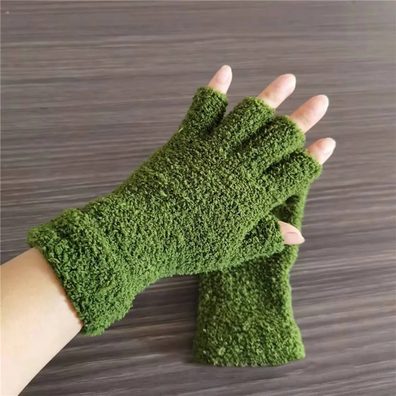 Coral Fleece Gloves Women Girls Solid Color Touchscreen Fingerless Glove Winter Warm Thicken Plush Half Finger Writing Mittens