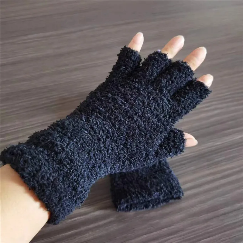 Coral Fleece Gloves Women Girls Solid Color Touchscreen Fingerless Glove Winter Warm Thicken Plush Half Finger Writing Mittens