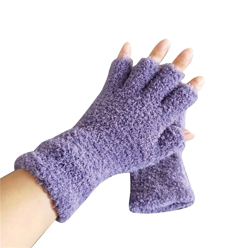 Coral Fleece Gloves Women Girls Solid Color Touchscreen Fingerless Glove Winter Warm Thicken Plush Half Finger Writing Mittens
