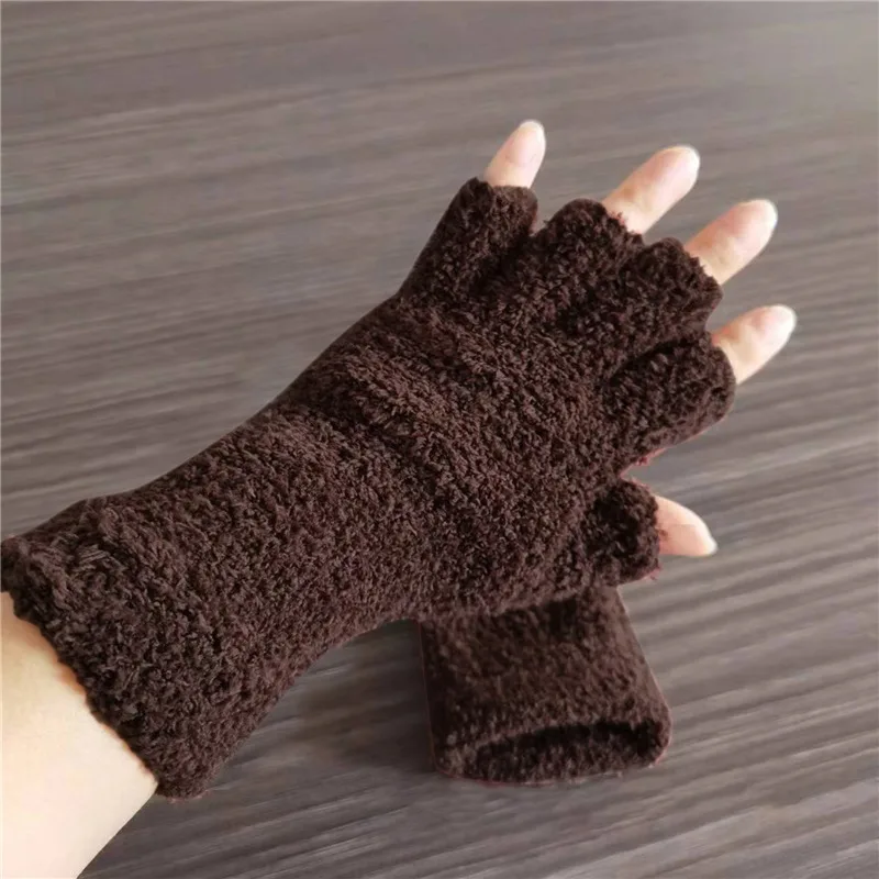 Coral Fleece Gloves Women Girls Solid Color Touchscreen Fingerless Glove Winter Warm Thicken Plush Half Finger Writing Mittens