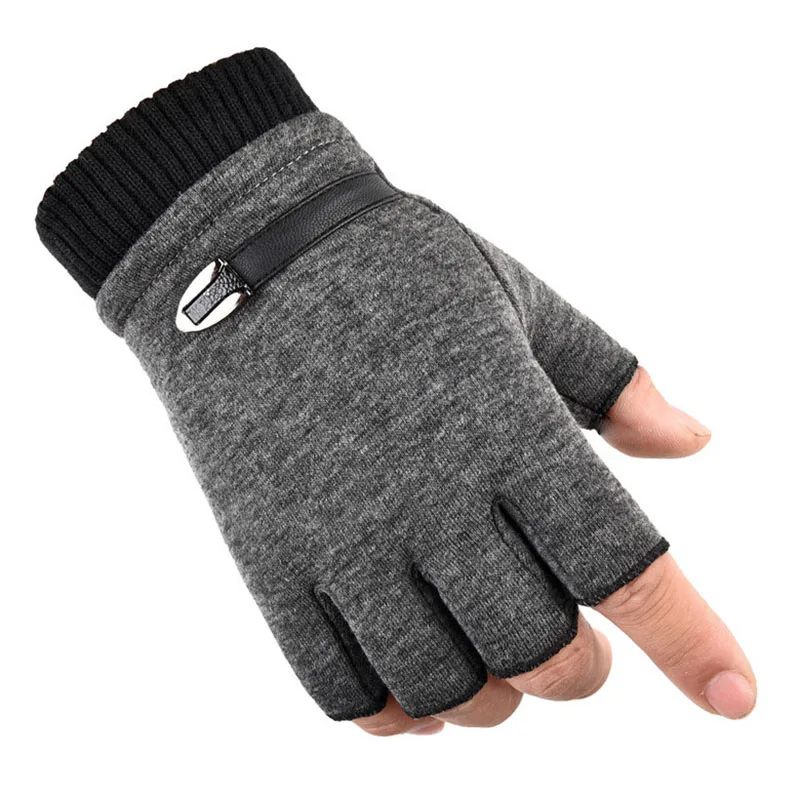 Autumn Winter Fleece Lined Half Fingers Gloves Men Male Outdoor Driving Riding Warm Fingerless Mittens Punk Hip Hop Gloves