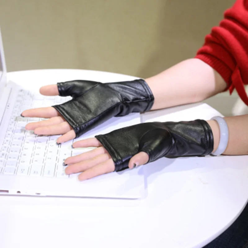 Fashion Female Thin PU Leather Punk Dance Gloves Women Half Finger Non-slip Driving Sexy Fingerless Nightclub Show Gloves S89