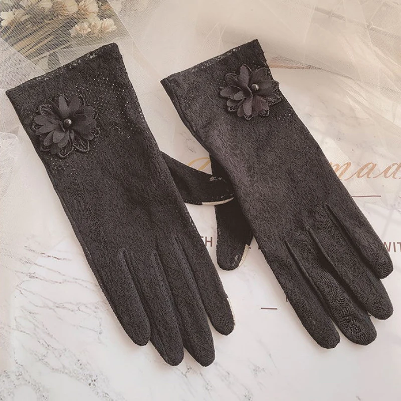 Women Summer Sunscreen Delicate Lace Flowers Driving Cycling Breathable Gloves Thin Elegant Female Short Soft