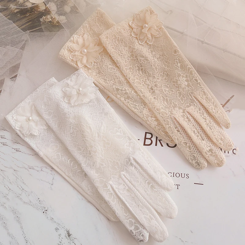 Women Summer Sunscreen Delicate Lace Flowers Driving Cycling Breathable Gloves Thin Elegant Female Short Soft