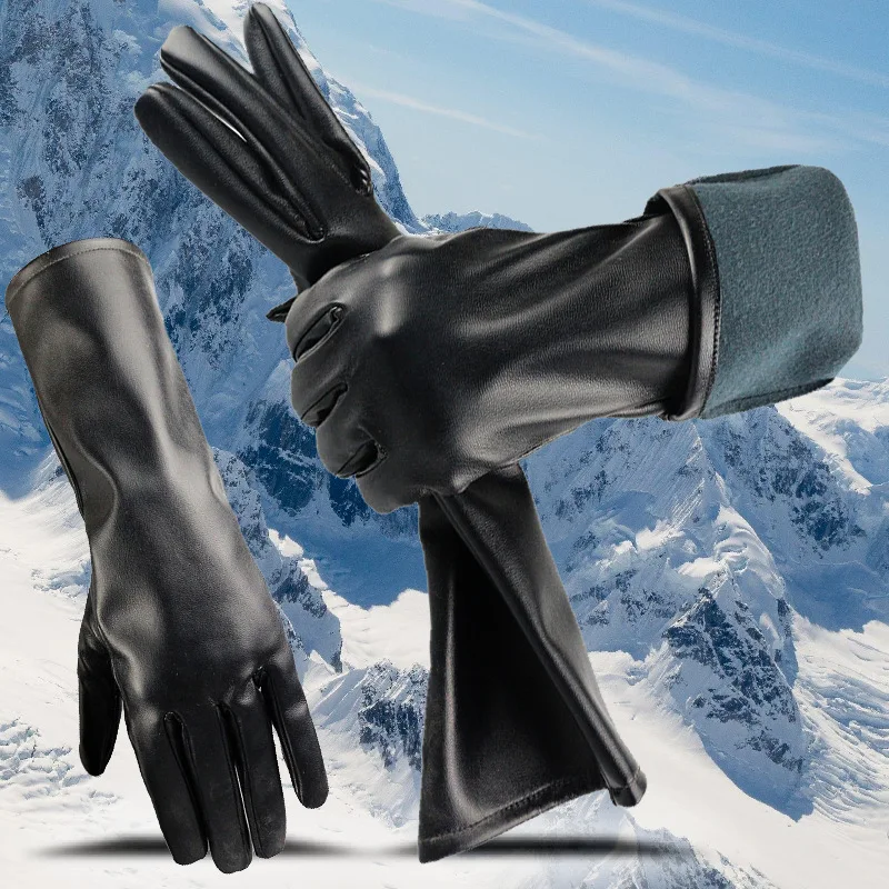 Female Winter Warm Touch Screen Driving Synthetic Leather Gloves 39CM Women's Outdoor Riding Plus Velvet Thicken Long Mittens