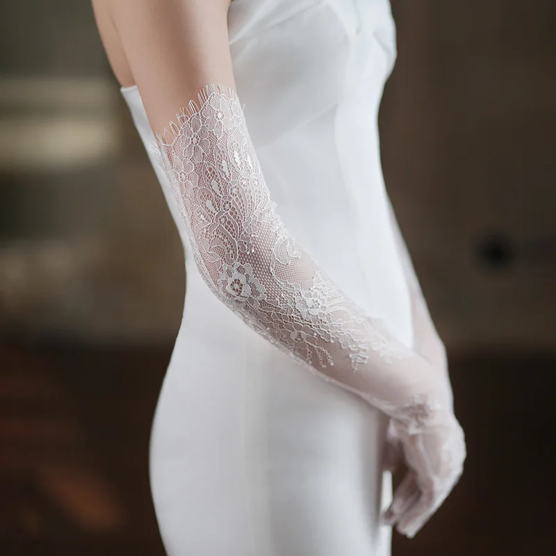 55cm Women Sexy Thin Lace Flower White Black Long Gloves Transparent Mesh Eyelash Tulle Bridal Wedding Party Dress Accessories