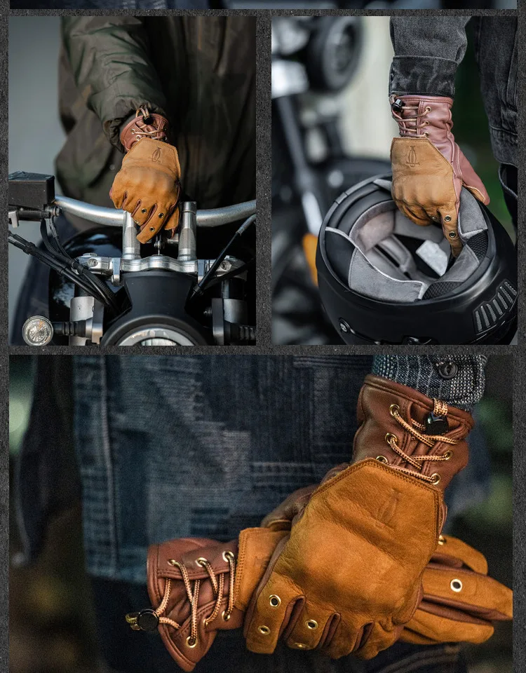 Retro Motorcycle Gloves Man Woman Winter Fleece Liner Warmer Vintage Full Finger Protective Windproof Genuine Leather Gloves
