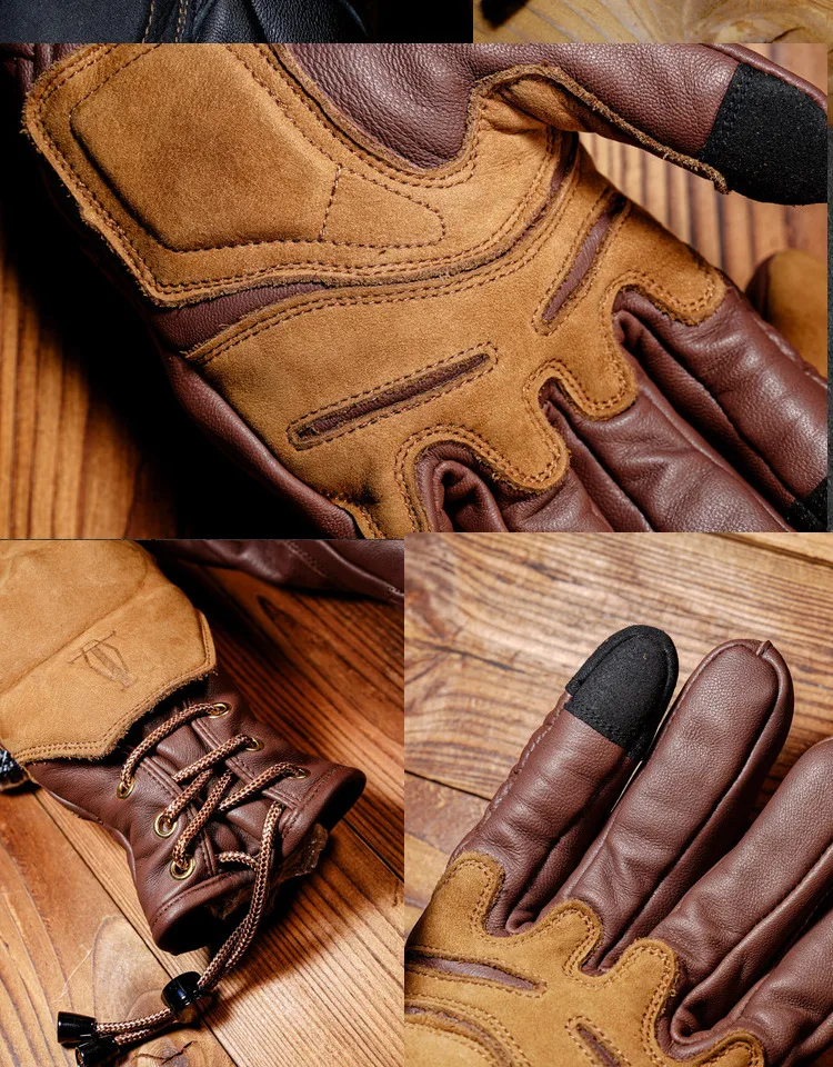 Retro Motorcycle Gloves Man Woman Winter Fleece Liner Warmer Vintage Full Finger Protective Windproof Genuine Leather Gloves