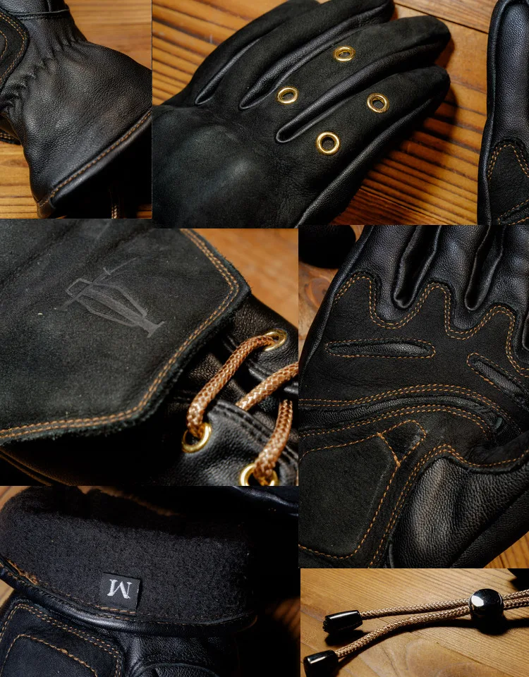 Retro Motorcycle Gloves Man Woman Winter Fleece Liner Warmer Vintage Full Finger Protective Windproof Genuine Leather Gloves