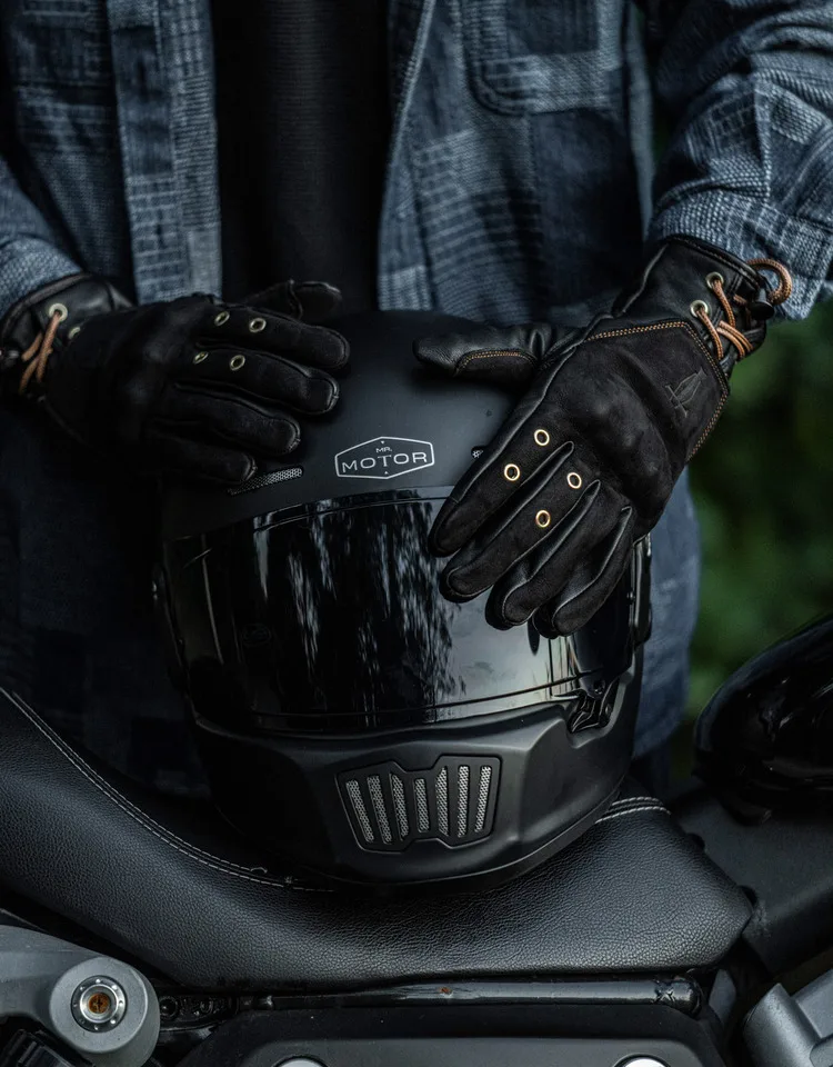 Retro Motorcycle Gloves Man Woman Winter Fleece Liner Warmer Vintage Full Finger Protective Windproof Genuine Leather Gloves