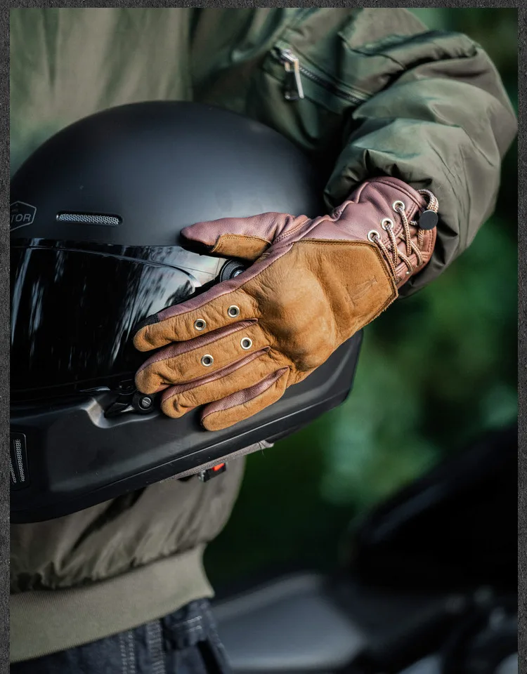 Retro Motorcycle Gloves Man Woman Winter Fleece Liner Warmer Vintage Full Finger Protective Windproof Genuine Leather Gloves