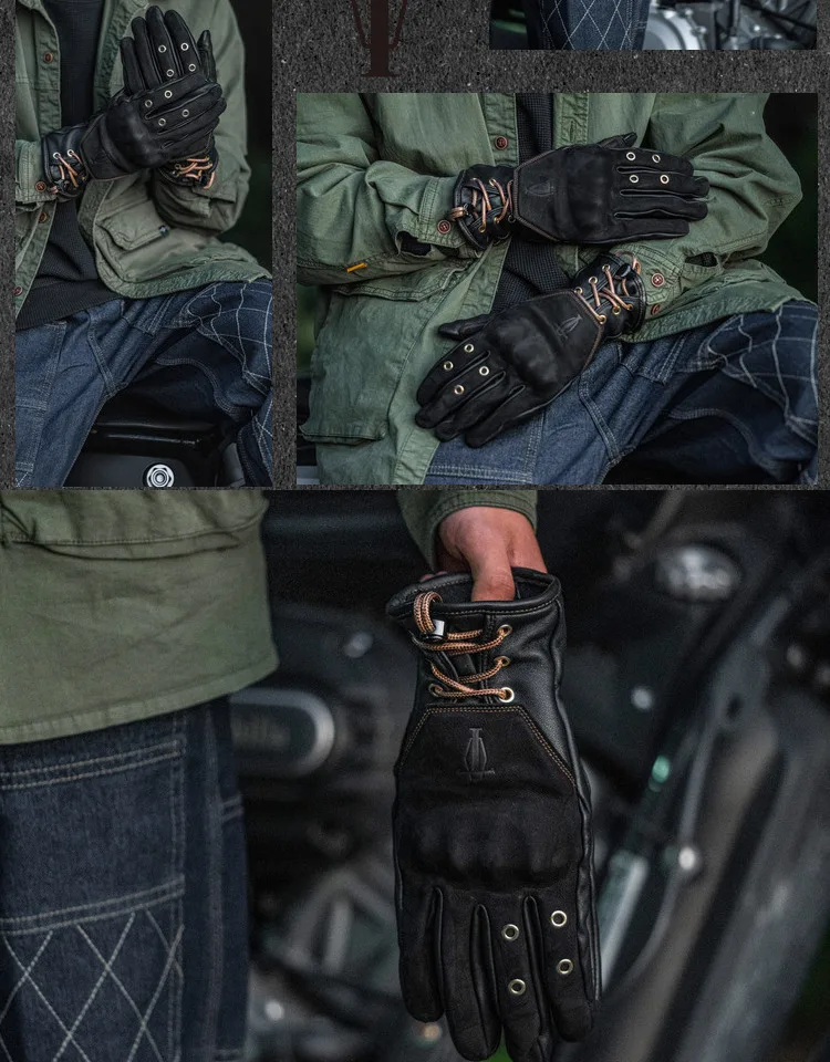 Retro Motorcycle Gloves Man Woman Winter Fleece Liner Warmer Vintage Full Finger Protective Windproof Genuine Leather Gloves