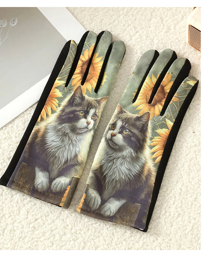 Cartoon Printing Cute Cat Dog Oil Painting Suede Gloves Women Winter Thickened Warm Touchscreen Gloves Student Girl Prevent Cold