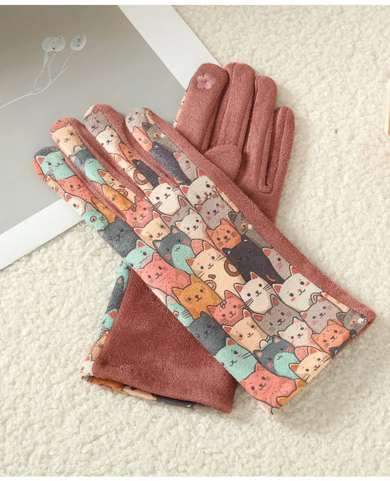 Cartoon Printing Cute Cat Dog Oil Painting Suede Gloves Women Winter Thickened Warm Touchscreen Gloves Student Girl Prevent Cold