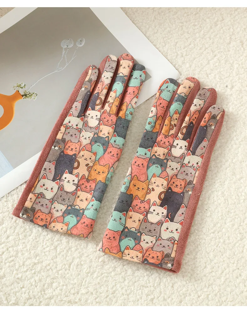 Cartoon Printing Cute Cat Dog Oil Painting Suede Gloves Women Winter Thickened Warm Touchscreen Gloves Student Girl Prevent Cold