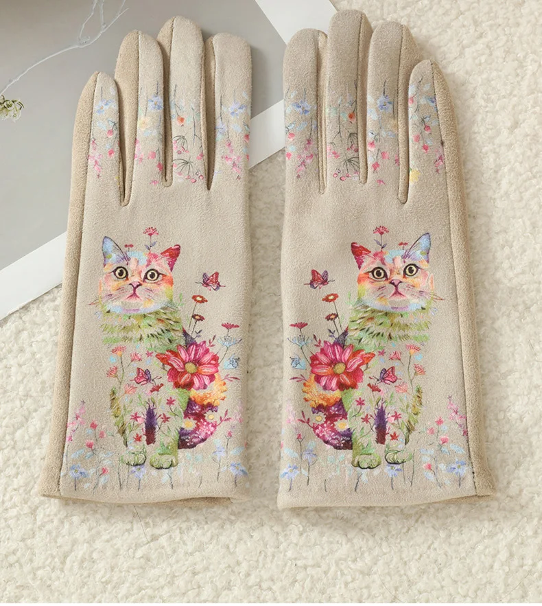 Cartoon Printing Cute Cat Dog Oil Painting Suede Gloves Women Winter Thickened Warm Touchscreen Gloves Student Girl Prevent Cold