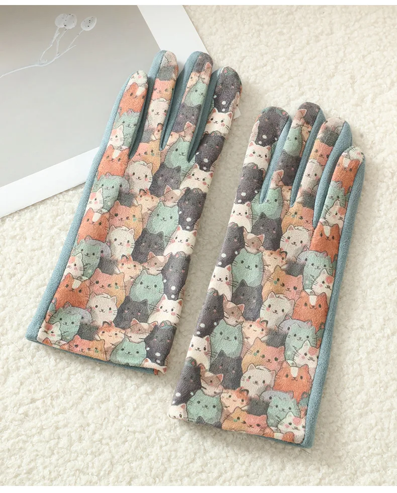 Cartoon Printing Cute Cat Dog Oil Painting Suede Gloves Women Winter Thickened Warm Touchscreen Gloves Student Girl Prevent Cold