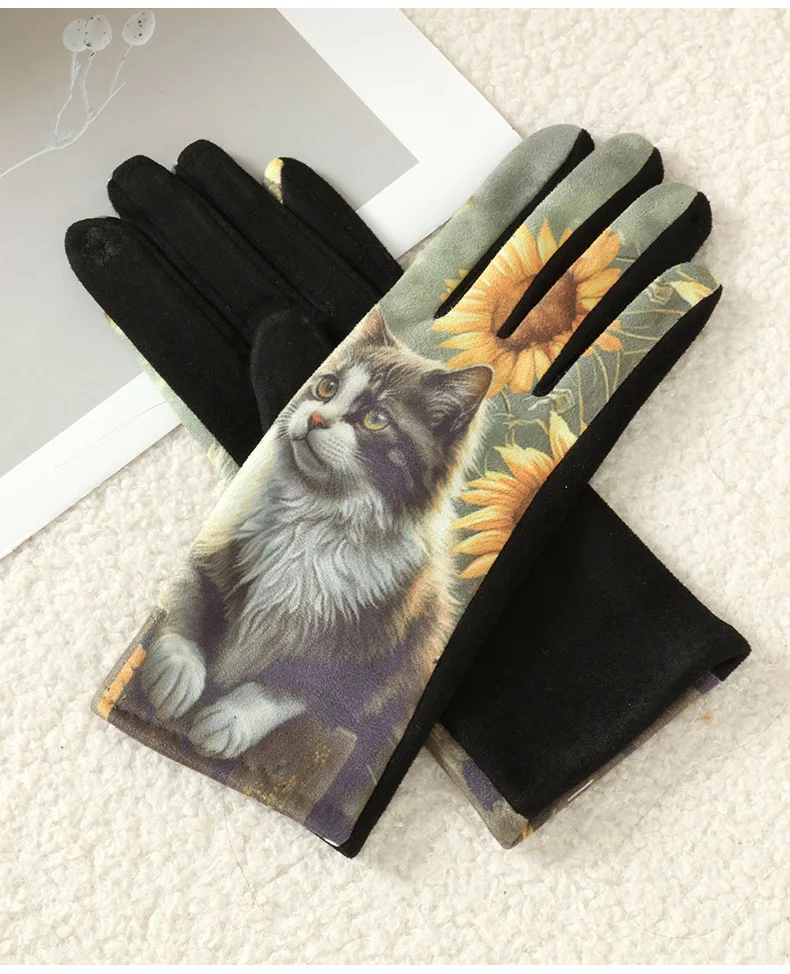Cartoon Printing Cute Cat Dog Oil Painting Suede Gloves Women Winter Thickened Warm Touchscreen Gloves Student Girl Prevent Cold