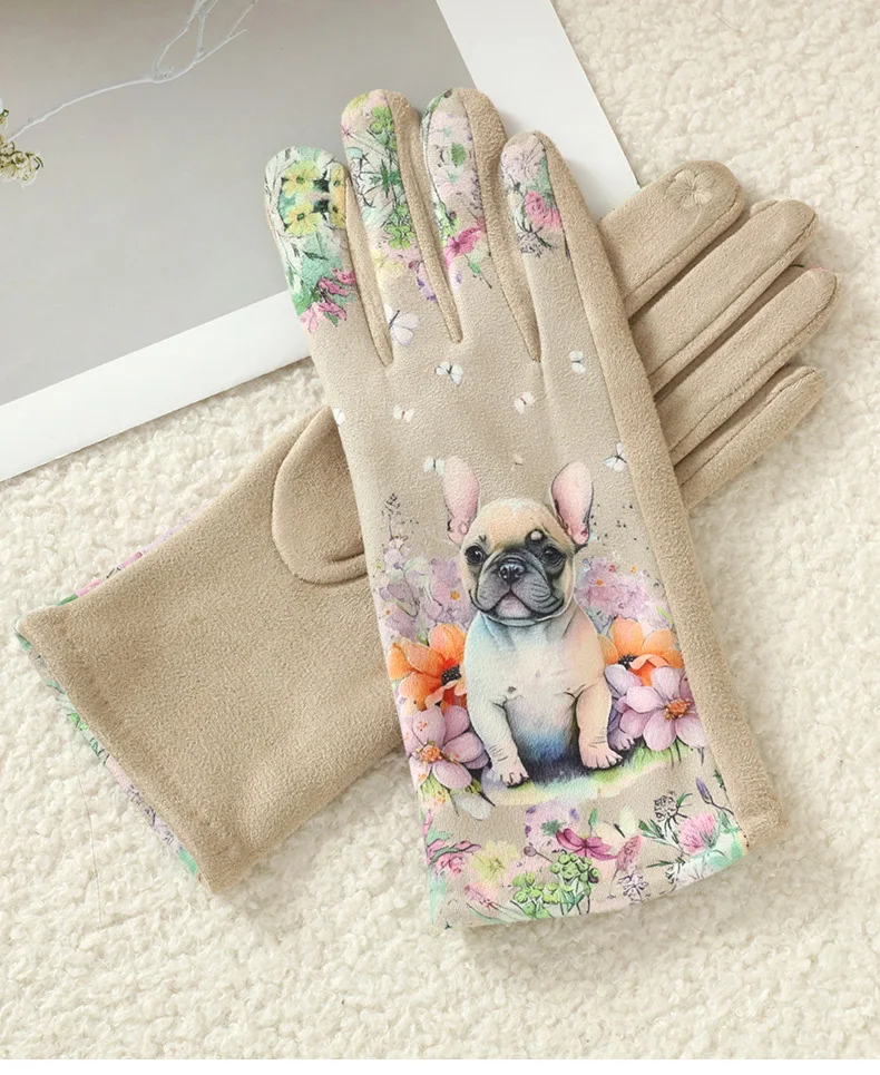 Cartoon Printing Cute Cat Dog Oil Painting Suede Gloves Women Winter Thickened Warm Touchscreen Gloves Student Girl Prevent Cold