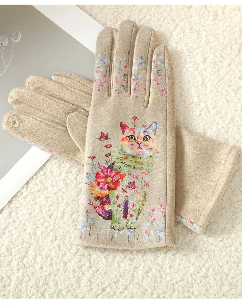 Cartoon Printing Cute Cat Dog Oil Painting Suede Gloves Women Winter Thickened Warm Touchscreen Gloves Student Girl Prevent Cold