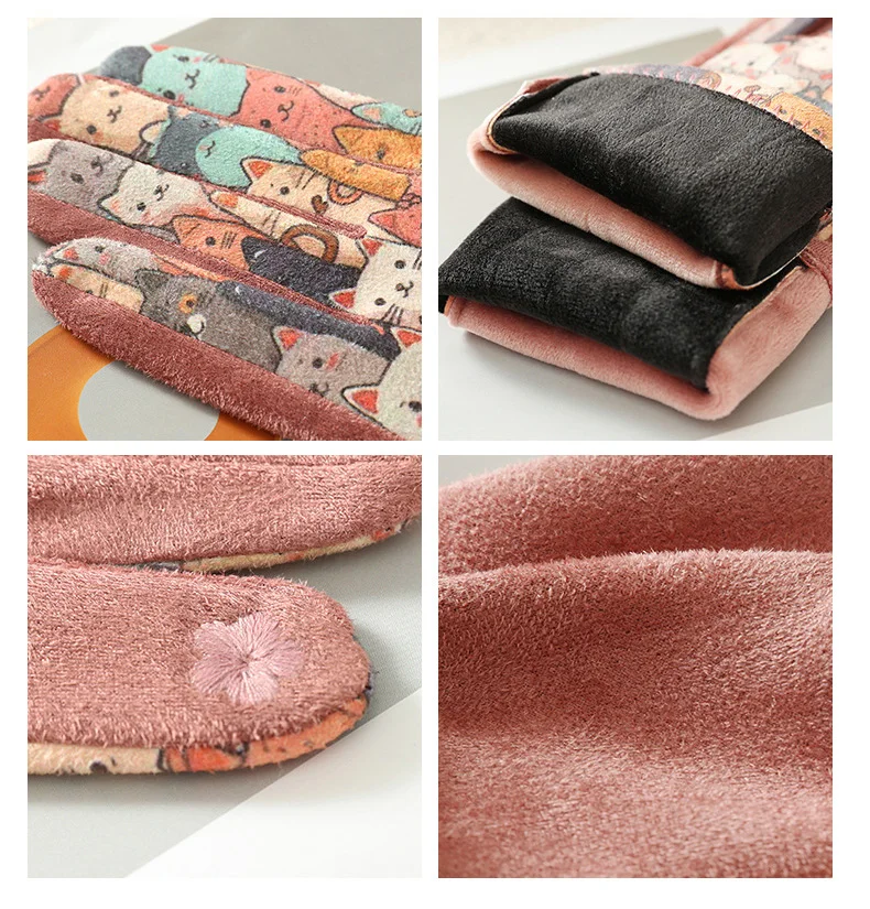 Cartoon Printing Cute Cat Dog Oil Painting Suede Gloves Women Winter Thickened Warm Touchscreen Gloves Student Girl Prevent Cold