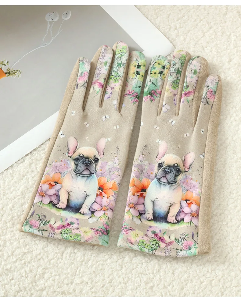 Cartoon Printing Cute Cat Dog Oil Painting Suede Gloves Women Winter Thickened Warm Touchscreen Gloves Student Girl Prevent Cold