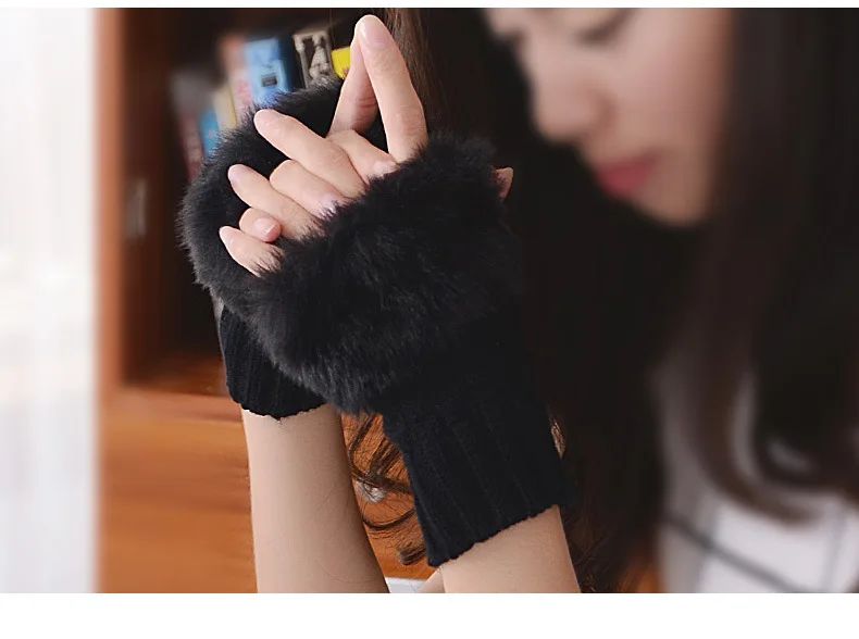Women Autumn Winter Keep Warm Plush Knitted Woolen Splicing Half Finger Gloves Cute Lovely Sweety Smooth Soft Writing Drive