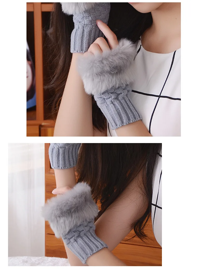 Women Autumn Winter Keep Warm Plush Knitted Woolen Splicing Half Finger Gloves Cute Lovely Sweety Smooth Soft Writing Drive