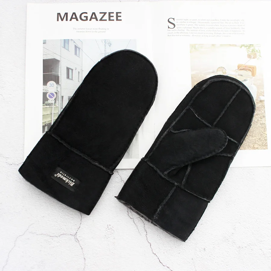 Men's Winter Warm Sheepskin Fur Mittens Thickened Windproof Cold-Proof Wool Lined Leather Gloves for Cold Weather Protection