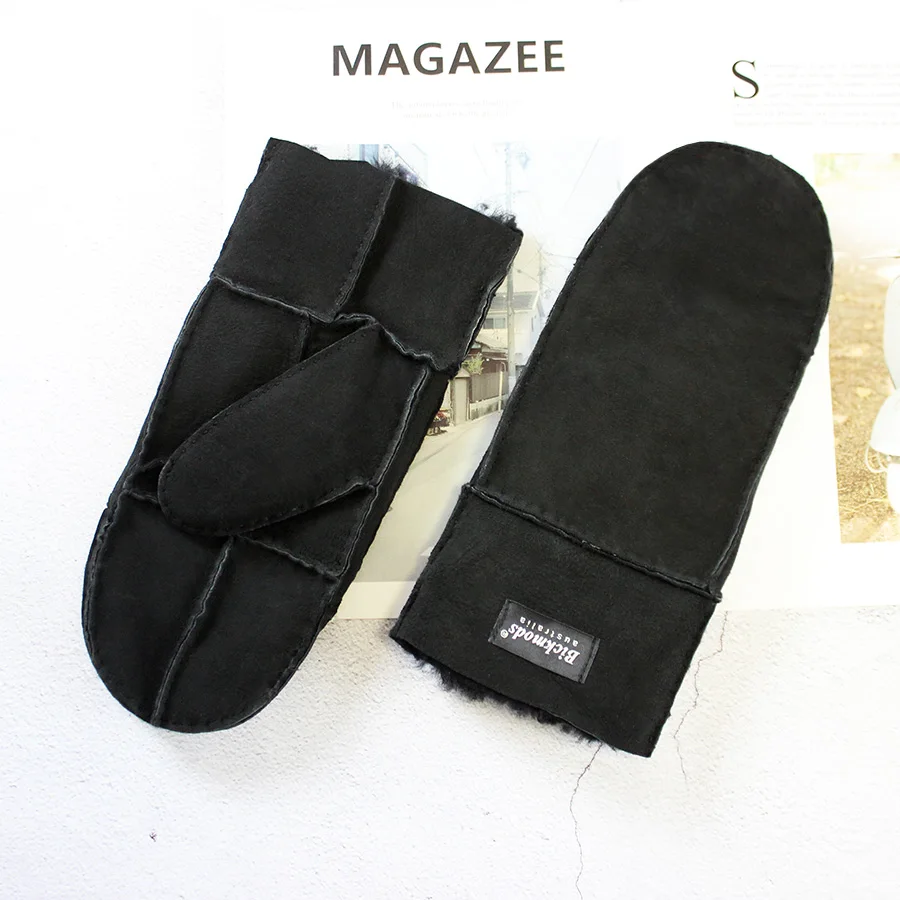 Men's Winter Warm Sheepskin Fur Mittens Thickened Windproof Cold-Proof Wool Lined Leather Gloves for Cold Weather Protection