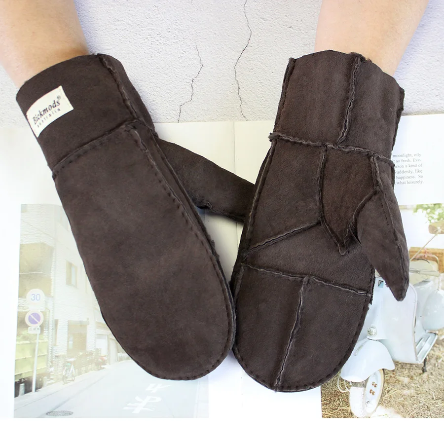 Men's Winter Warm Sheepskin Fur Mittens Thickened Windproof Cold-Proof Wool Lined Leather Gloves for Cold Weather Protection