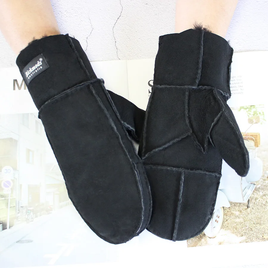 Men's Winter Warm Sheepskin Fur Mittens Thickened Windproof Cold-Proof Wool Lined Leather Gloves for Cold Weather Protection